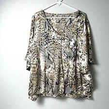 Chicos Top Womens Size 3 16 18 Black Brown Animal Print Elastic Waist Blouse