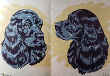 Set Of VTG Black Cocker Spaniel Mid Century Modern PBN Painting 14x11 signed