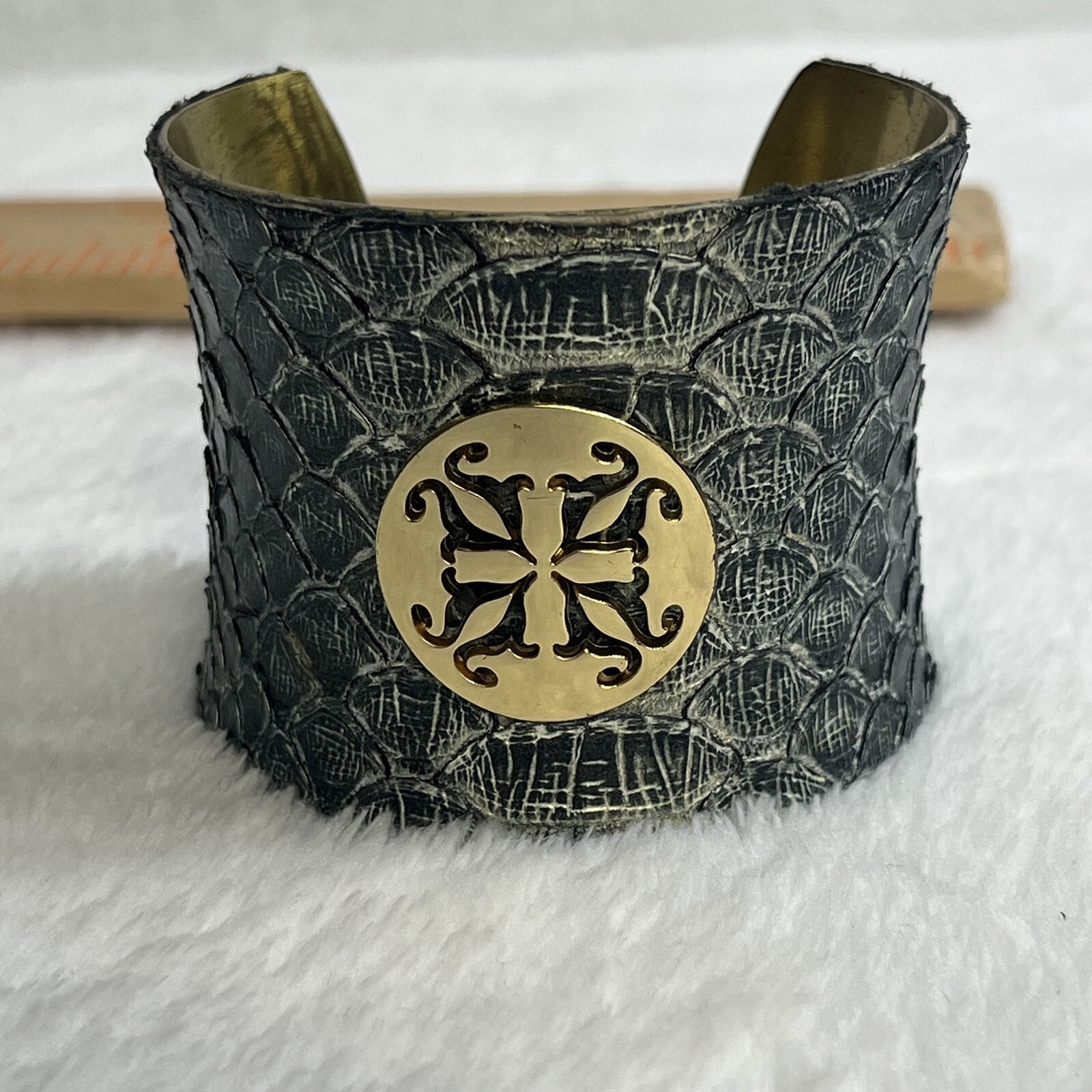 Vintage Rustic Cuff Bracelet Python Snakeskin Jew… - image 6