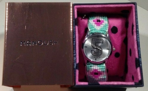 Rare Designer Manoush Quartz Watch Silver Dial Beaded Woven Bracelet RRP £100 - 第 1/7 張圖片