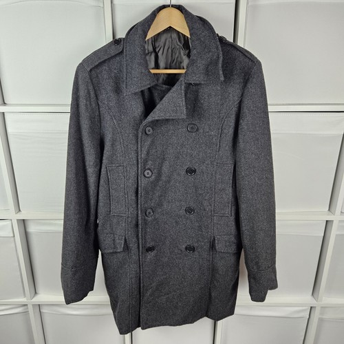 French Connection Grey Peacoat Size 42 M/L Double Breasted Wool Blend Coat