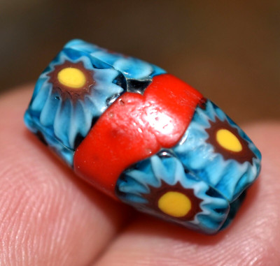Antique Venetian Blue Millefiori Oval Bead W/ Red Center Stripe, African Trade
