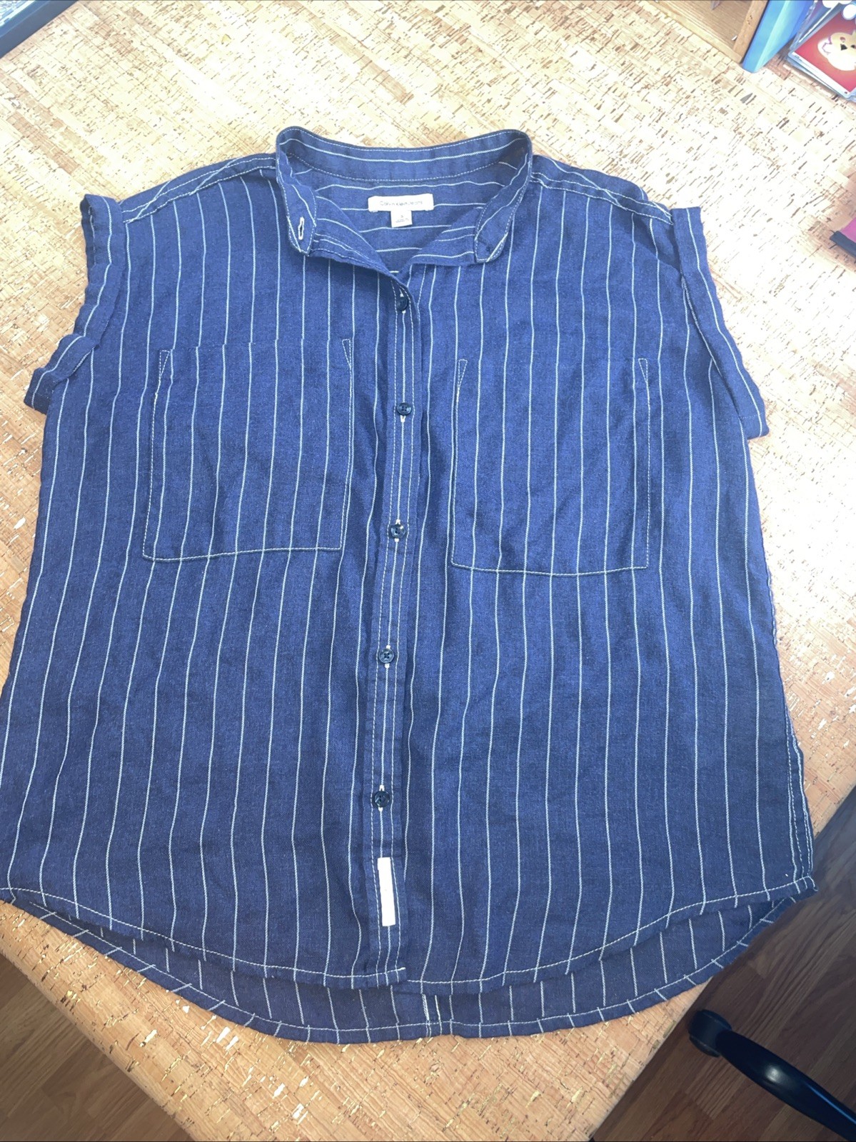 Calvin Klein Jeans Blue Strip Sleeveless Button-Up Shirt Sz S