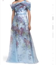Rene Ruiz Twisted Off Shoulder Organza Floral Cocktail Gown Sz 12 AUTH NWT