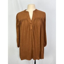 Cato Womens Plus 18/20W Brown Faux Suede Split Neck Tunic Blouse Peasant Top