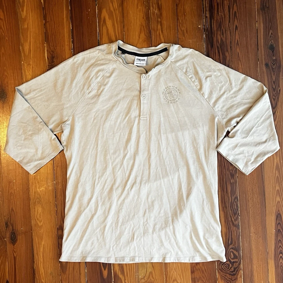 Gymshark Henley Shirt Men’s L Tan Beige Stretch Cotton Slim Fit Logo Crest - Image 2 of 4