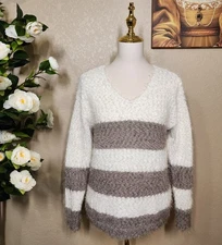 Knox Rose Fuzzy Stripe Sweater Small Cream Gray V-Neck Soft Knit Pullover