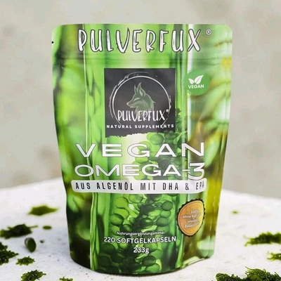 Vegane Omega-3 Kapseln 550mg EPA+DHA Algenöl 220 Stück Pulverfux® ⭐ NEU !⭐ - Bild 1 von 4