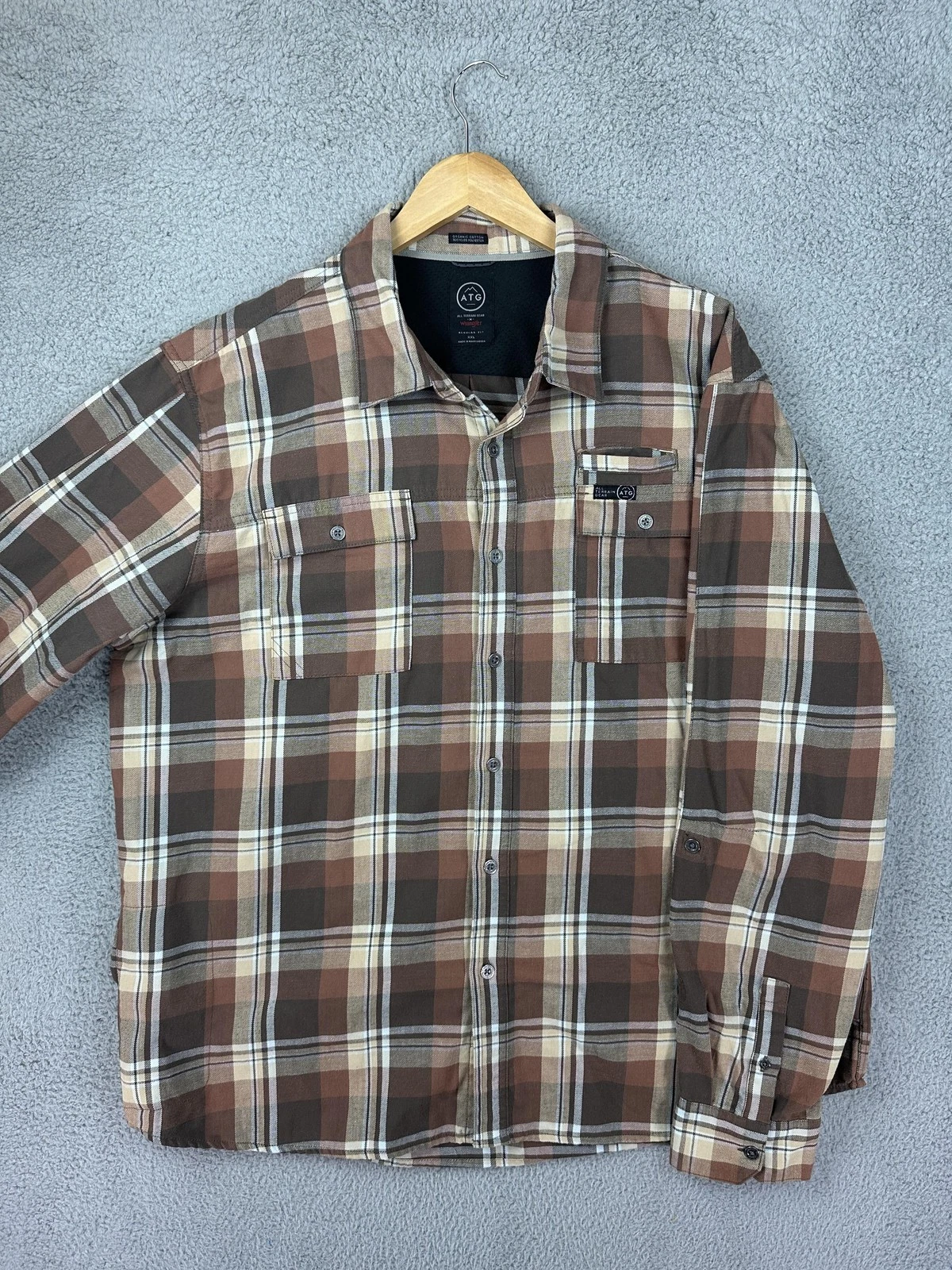 Wrangler ATG Shirt Mens XXL Brown Plaid Long Sleeve Button Front Outdoor Hiking