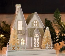 Christmas Lighted Village House Decoration in Glittered White and Gold, 9 X 8.25