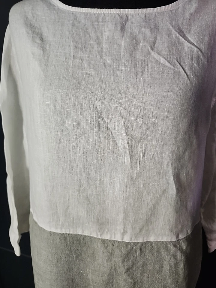 Tahari Dress, 100% Linen, Medium, Pockets, Gray And White, 3/4 Sleeves - Image 2 of 4