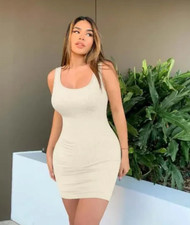 Red Marine Womens Ribbed Tank Dress Beige Size Large Sleeveless Stretch Bodycon