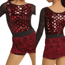 Weissman Dance costume leotard red sequin flapper fringe 11475 LC-large child