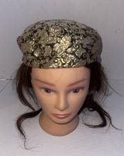 Vintage Floral Brocade Pillbox Hat Black Metallic Gold 1950s Jacquard