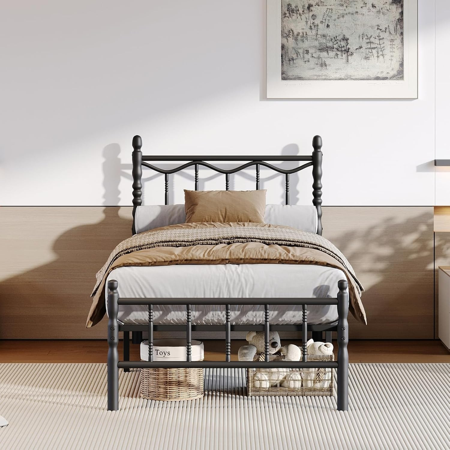 With Headboard, No Box Spring Needed, Black