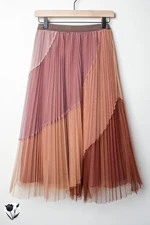 Women's Midi Skirt S Double-Layered Pleated Mesh Lined Elastic Waist Pink Rust