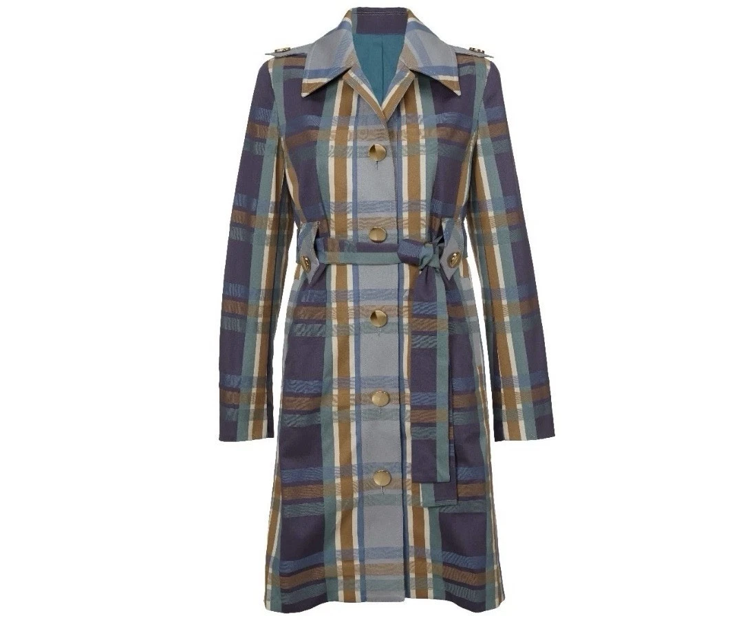 NEW CAbi Highclere Trench Coat Jacket Blue Plaid #6248 Sz Medium Gold Buttons