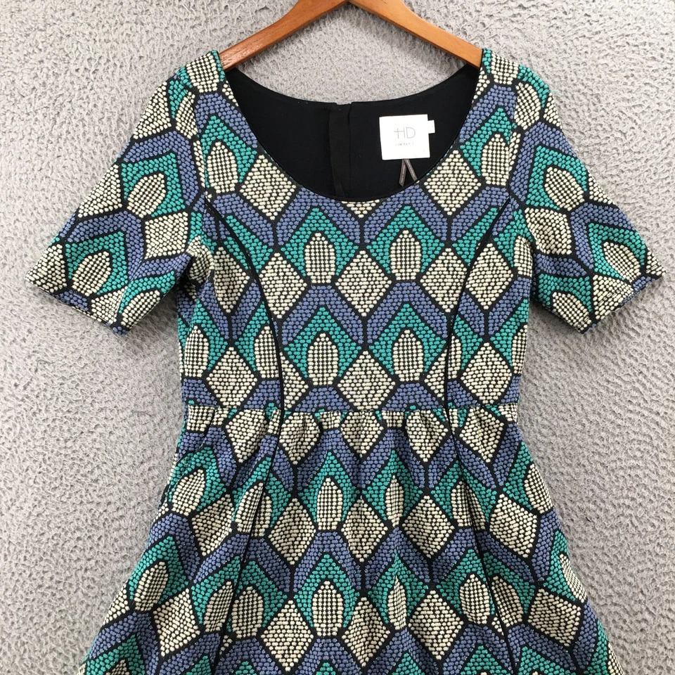HD A-Line Dress Womens M Multicolor Cotton Blend Short Sleeve Back Zip Geometric - Image 2 of 4