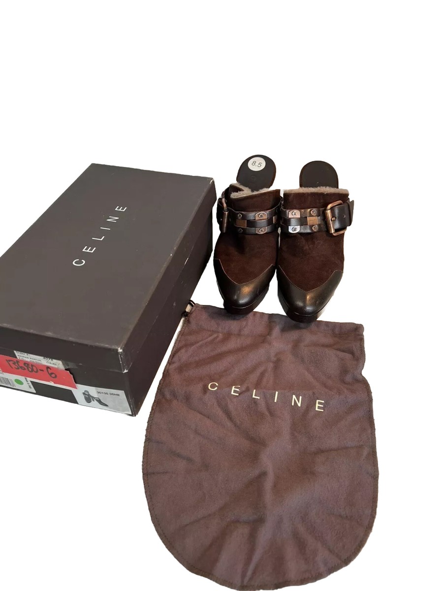 Celine Brown Leather/Suede Fur Lined Mules Heel Size 8.5/39