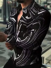 Plus Size Men Button Down Shirt Long Sleeve Black Sliver Casual Fashion Up Dress