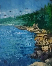 YARY DLUHOS Landscape Shoreline Coast Birds Tree Lake Original Art Oil Painting