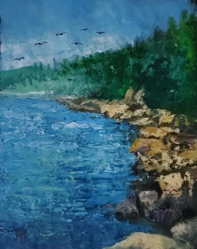 YARY DLUHOS Landscape Shoreline Coast Birds Trees Lake Original Art Oil Painting - Picture 1 of 17