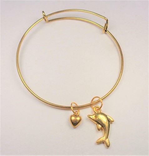 BEACH FASHION GOLD TONE RHODIUM NAUTICAL DOLPHIN & HEART CHARM BANGLE BRACELET - Picture 3 of 6