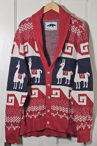 Lama Sweater Urban Character Hero Men's Size L Red Blue Wool Blend Cardigan City