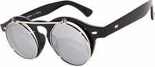 Flip Up C9 Gothic Retro Round Plastic Sunglasses Black Frame Silver Mirror Lens