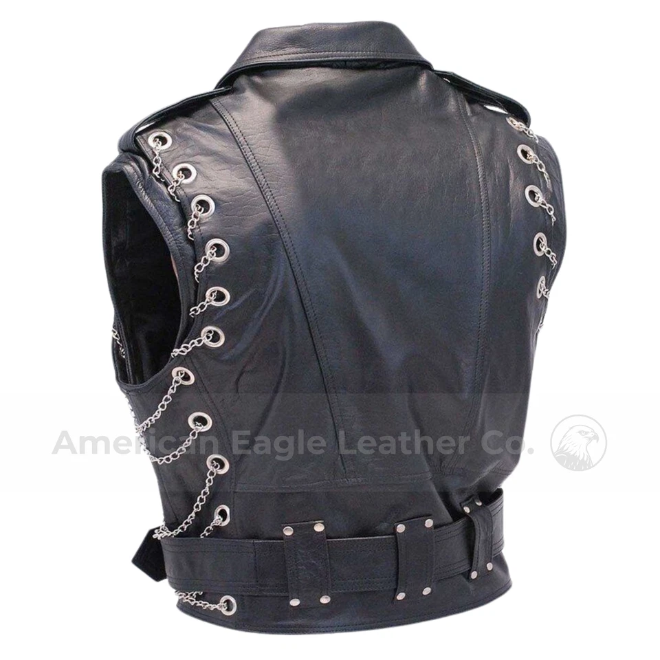 Men's Black Real Leather Cowhide Biker Vest Brando Metal Chains Motorcycle Gear - Image 2 of 4