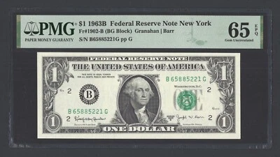 United States-Federal Reserve 1 Dollar 1963B Fr#1902-B(BG Block) UNC Grade 65 - Image 1 of 2
