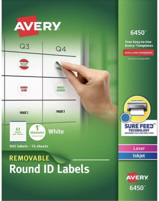 Avery Removable Multi-Use Labels, Inkjet/laser Printers, 1'' Dia., White, 63/shee