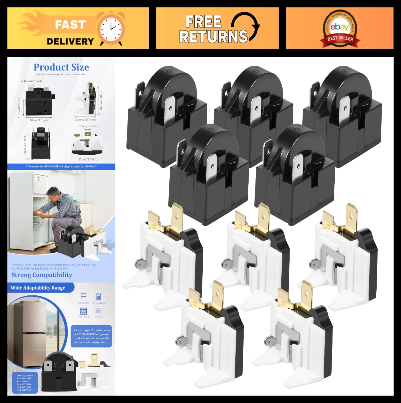10Pcs 4.7 Ohm 3 Pin PTC Starter Relay - Overload Protector for Mini Fridge Coole