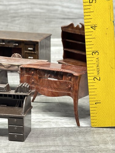 Vintage Plasco Dollhouse Furniture Brown 15 Pc MCM Dresser Piano Fireplace Lot - Picture 3 of 14