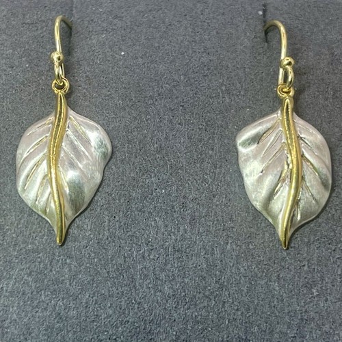 Vintage 925 Sterling Silver Leaf Earrings Mixed Metals Dangle Drop Nature Style