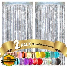 Silver Tinsel Foil Fringe Curtains 2pk 3.3x8.3ft Party Backdrop Streamers