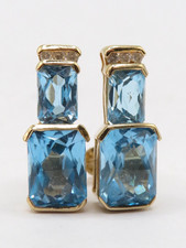 LADIES 14k YELLOW GOLD EARRINGS w 4 RECTANGLE BLUE TOPAZ  6 R.B.C. DIAMONDS