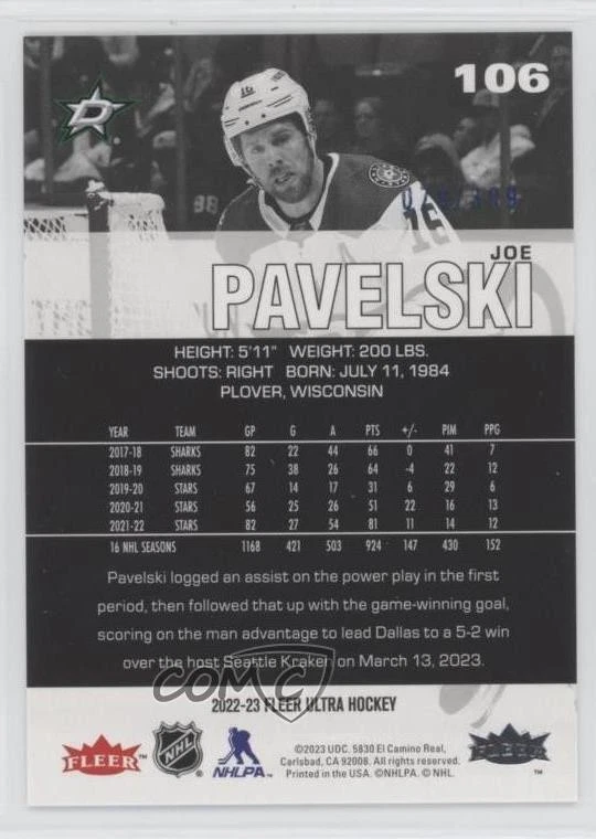2022-23 Upper Deck Fleer Ultra Blue Foil /399 Joe Pavelski #106 - Image 2 of 2