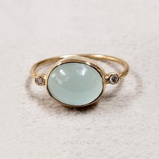 Cabochon Aqua Chalcedony Brown Diamond Three Stone Ring, 14k Solid Yellow Gold