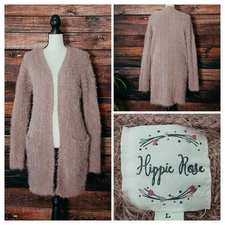 Hippie Rose Cardigan Sweater L Pink Eyelash Knit Open Duster Soft Fuzzy Pockets 