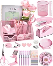 Pink Desk Accessories, 24Pcs Pink Office Supplies and Desk Organizers, with Tape