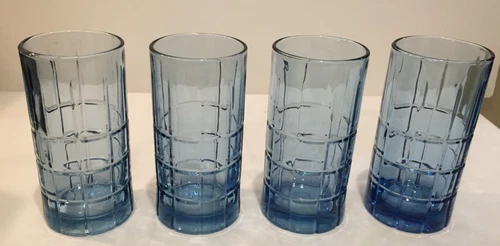 Vintage Anchor Hocking Blue Tartan Plaid Iced Tea Glass Water Tumbler - Set of 4