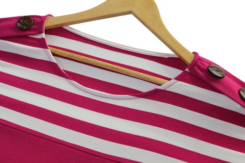 US Women's Fashion Long Sleeve Drop Shoulder Contract Stripe Mini Dress Rose Red - Picture 13 of 17