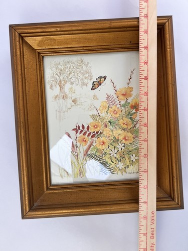 70s Home Interiors Wood Gold Framed Gloria Eriksen Print Floral Butterfly 11x13” - Picture 12 of 12