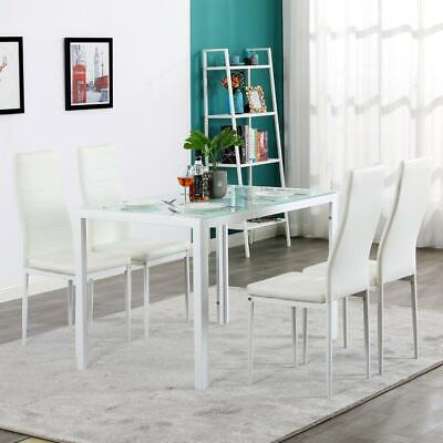 5 Pieces Dining Table White Glass, Dining Table And 4 Faux Leather Chairs