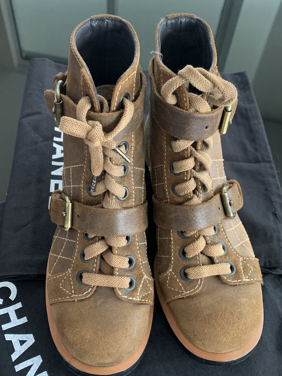 CHANEL 6.5 36.5 Suede Brown Laced Up Combat Ankle Boots Straps