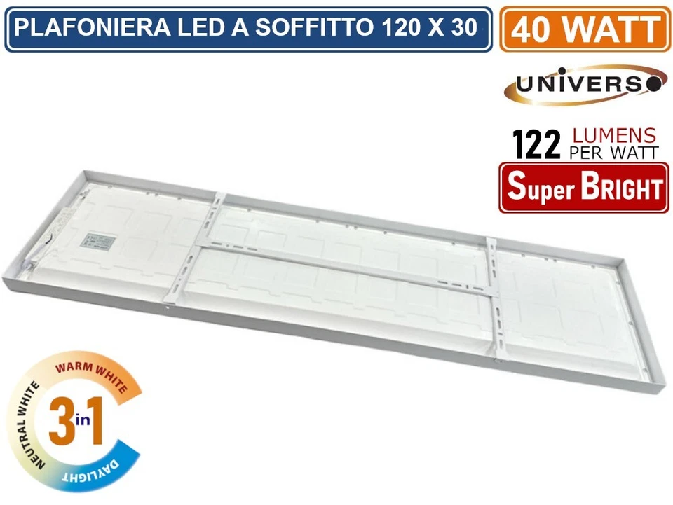 UNIVERSO PLAFONIERA SMD LED RETTANGOLARE 120x30 40W CCT 3000K - 4000K - 6500K - Immagine 3 di 4