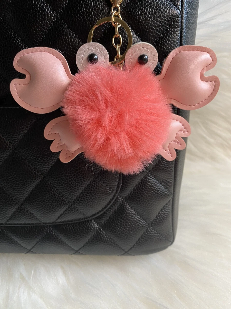 Pink Crab bag charm Pom Pom Keychain Gold Fluffy cute kawaii Fun Gift For  Her