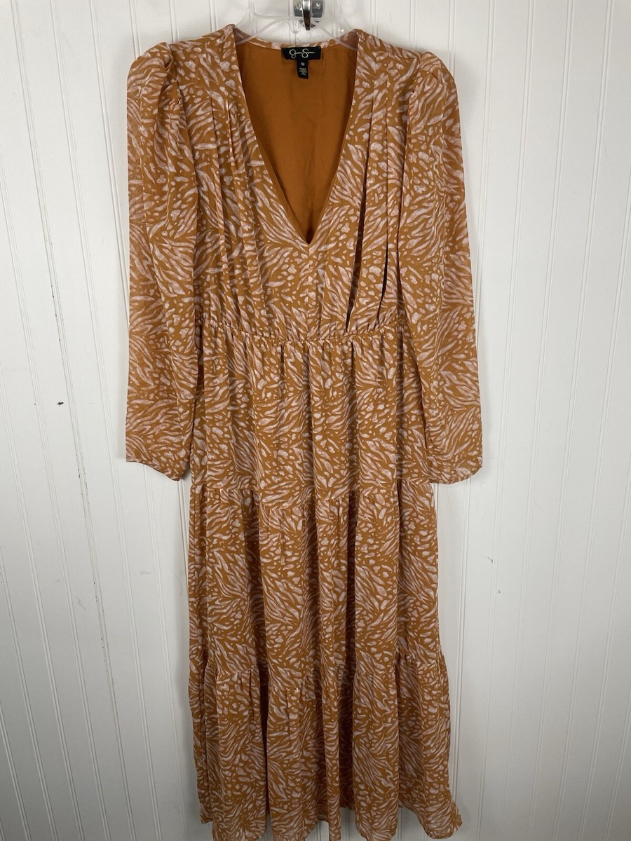 Jessica Simpson Chiffon Dress Womens Medium Rust Long sleeve Flowy Maxi |  eBay