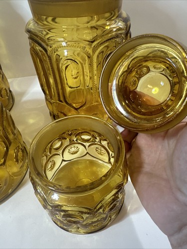 L.E. Smith Moon & Stars Amber Vintage Canisters Set 4 Jars 1 Missing Top - Picture 11 of 11